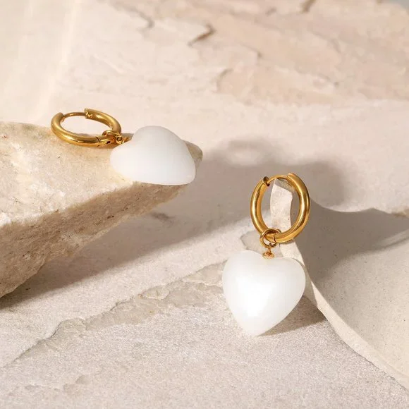 Healing White Jade Heart Hoop Earrings 18K Gold Plated Stainless Steel - Picture 6 of 7
